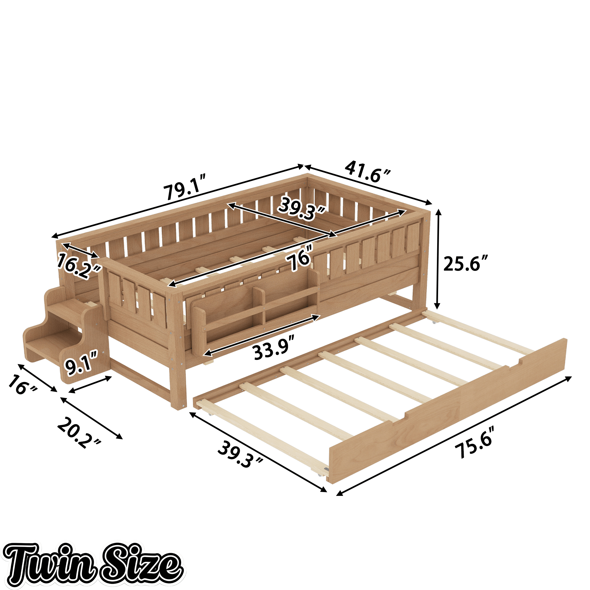 Bellemave® Twin Bed with Trundle Twin and Stairs, Twin Size Platform Bed Frame with Fence and Bookshelf, Natural - Bellemave