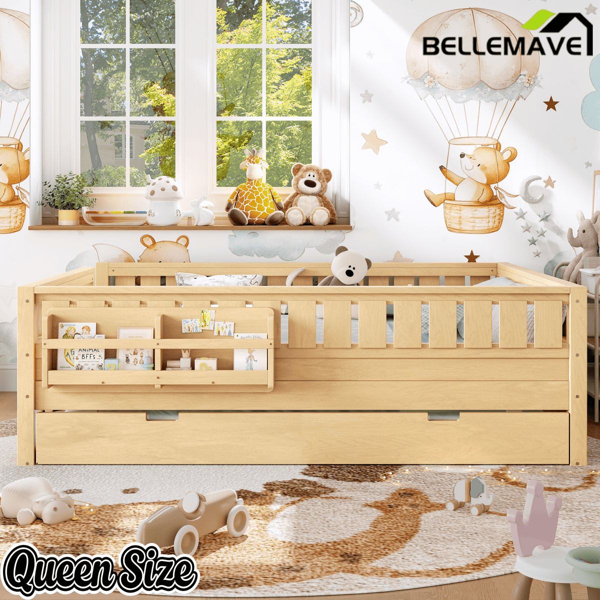 Bellemave® Twin Bed with Trundle Twin and Stairs, Twin Size Platform Bed Frame with Fence and Bookshelf, Natural - Bellemave