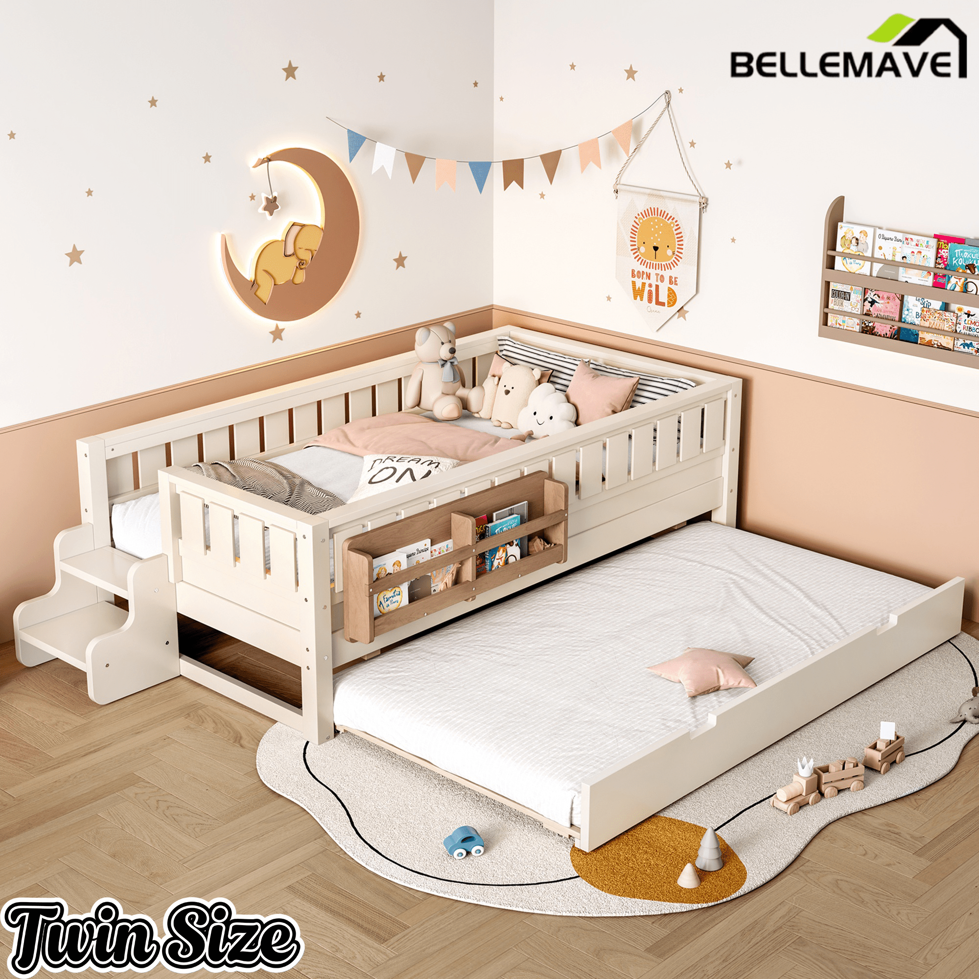 Bellemave® Twin Bed with Trundle Twin and Stairs, Twin Size Platform Bed Frame with Fence and Bookshelf, Natural - Bellemave