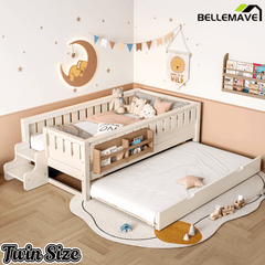 Bellemave® Twin Bed with Trundle Twin and Stairs, Twin Size Platform Bed Frame with Fence and Bookshelf, Natural - Bellemave