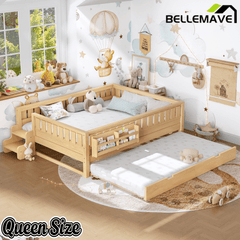 Bellemave® Twin Bed with Trundle Twin and Stairs, Twin Size Platform Bed Frame with Fence and Bookshelf, Natural - Bellemave