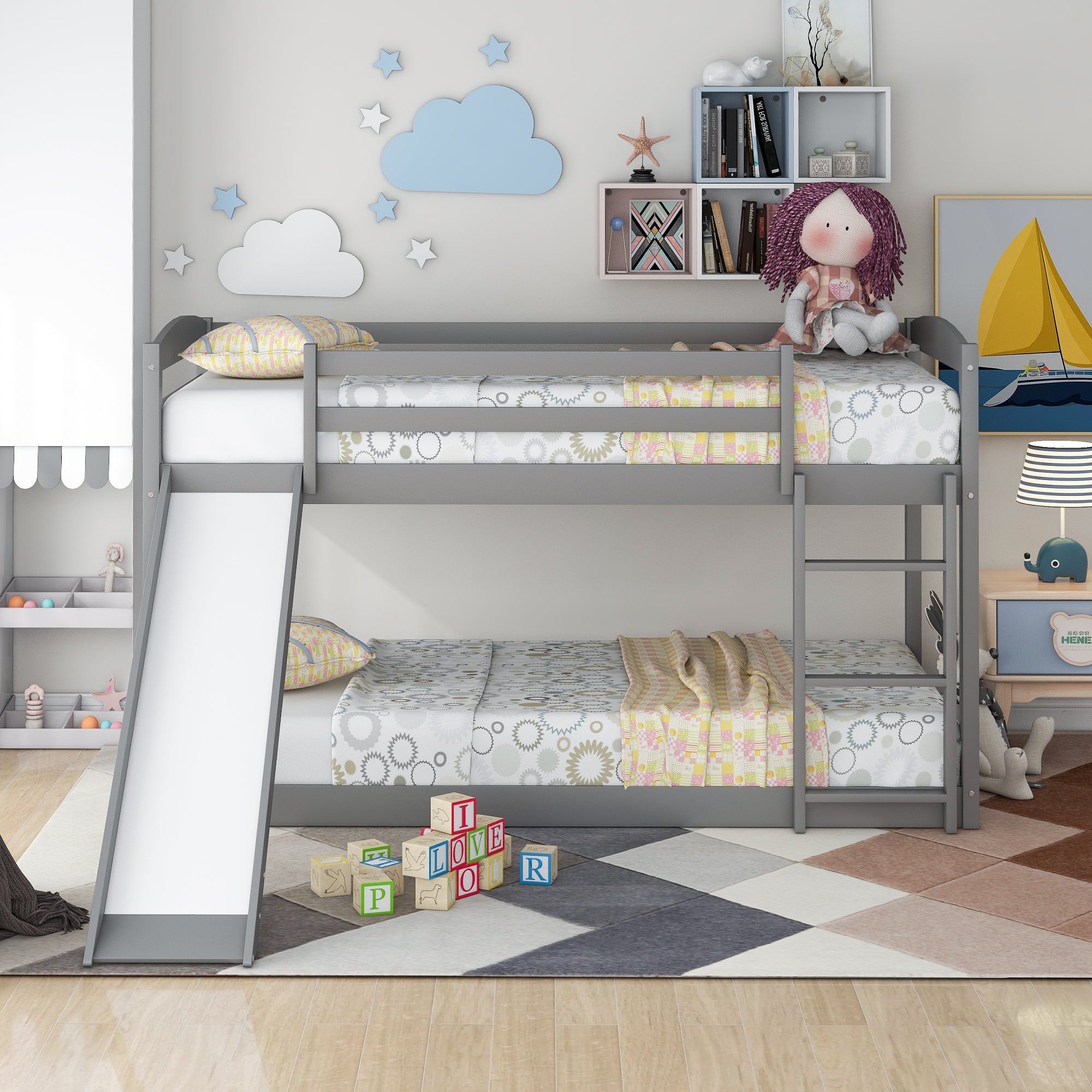 Bellemave® Twin Bunk Bed with Convertible Slide and Ladder , Gray - Bellemave
