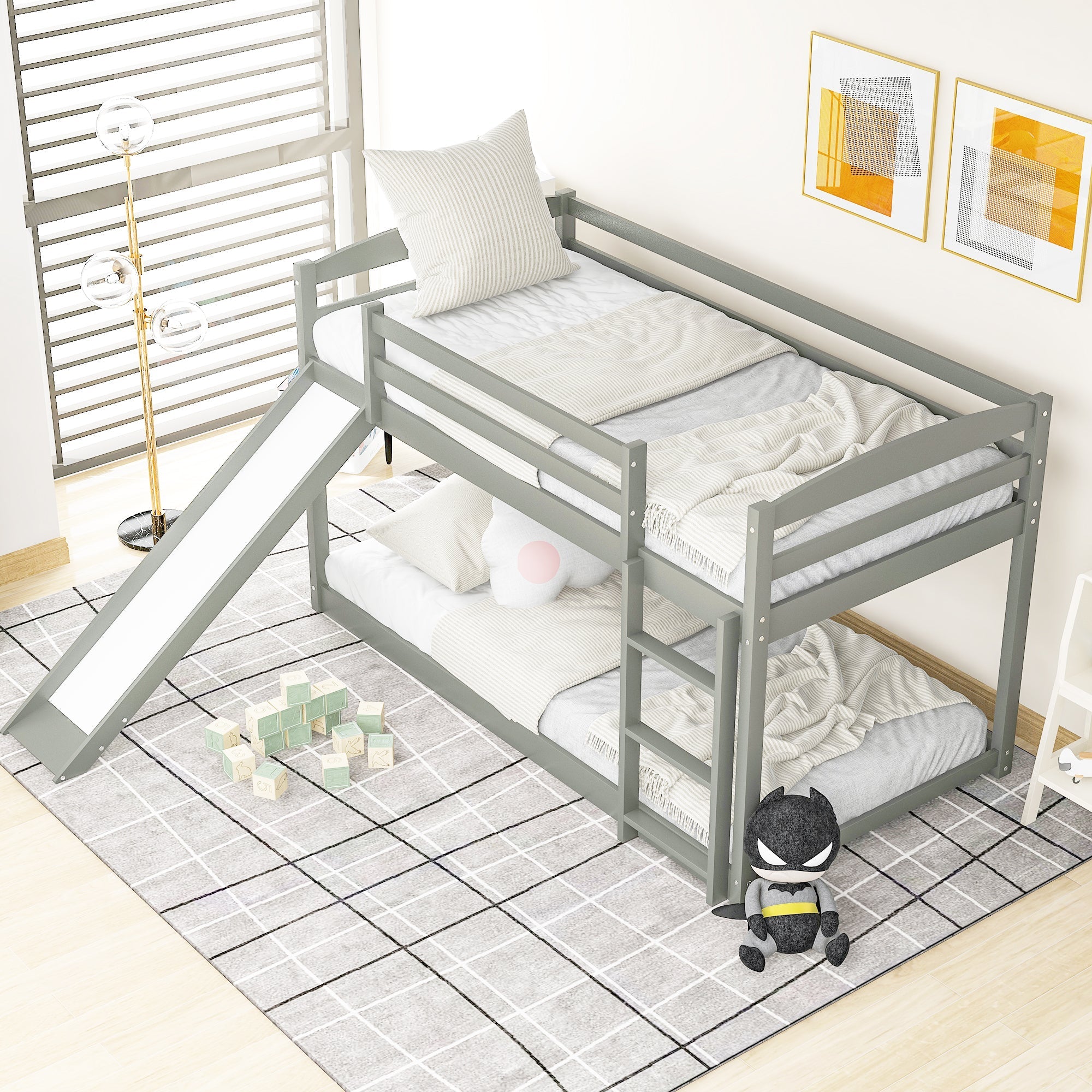Bellemave® Twin Bunk Bed with Convertible Slide and Ladder , Gray - Bellemave