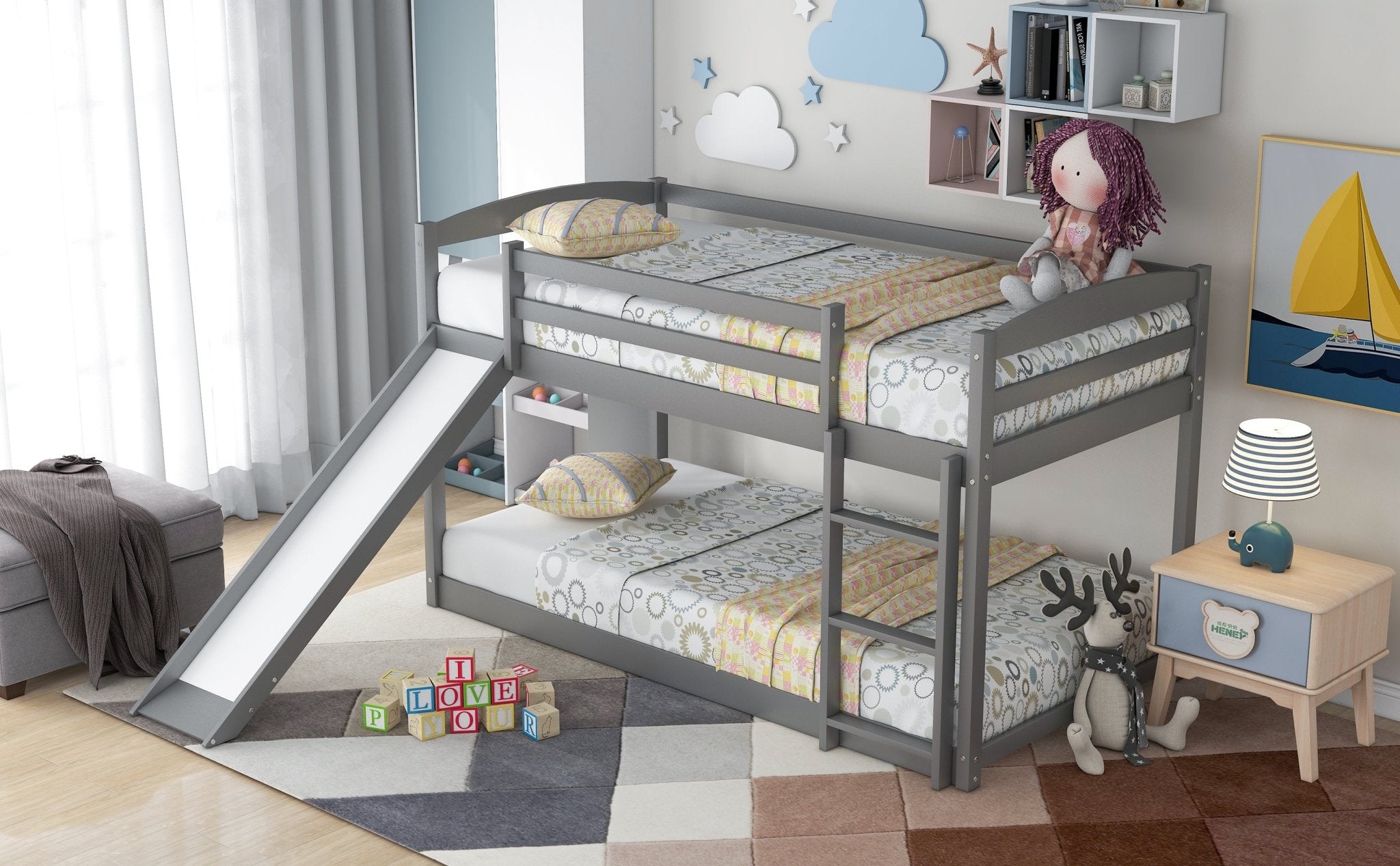 Bellemave® Twin Bunk Bed with Convertible Slide and Ladder , Gray - Bellemave