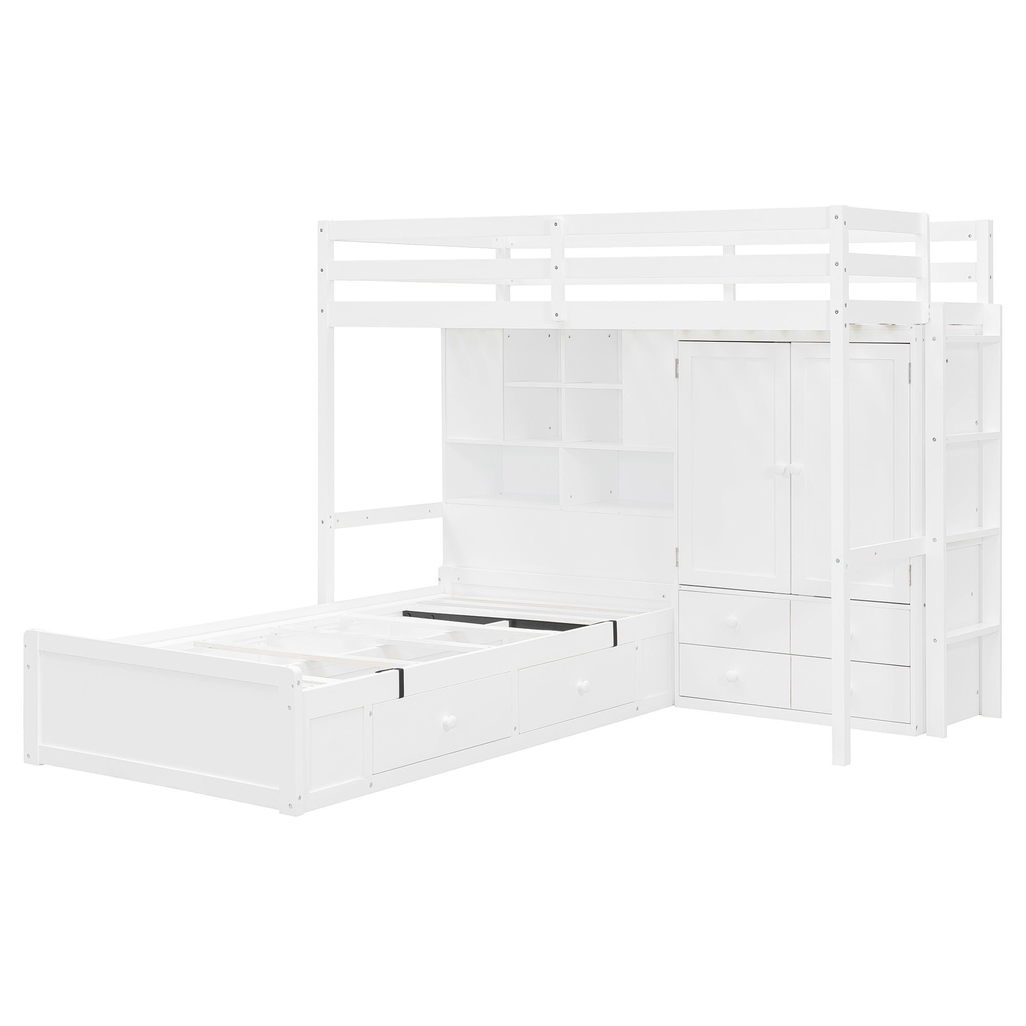 Bellemave® Twin Bunk Bed with Drawers, Wood Twin Over Twin Bunk Bed with Wardrobe, Storage Shelves & Hydraulic Bed - Bellemave