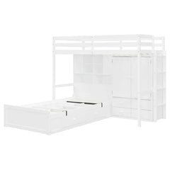 Bellemave® Twin Bunk Bed with Drawers, Wood Twin Over Twin Bunk Bed with Wardrobe, Storage Shelves & Hydraulic Bed - Bellemave