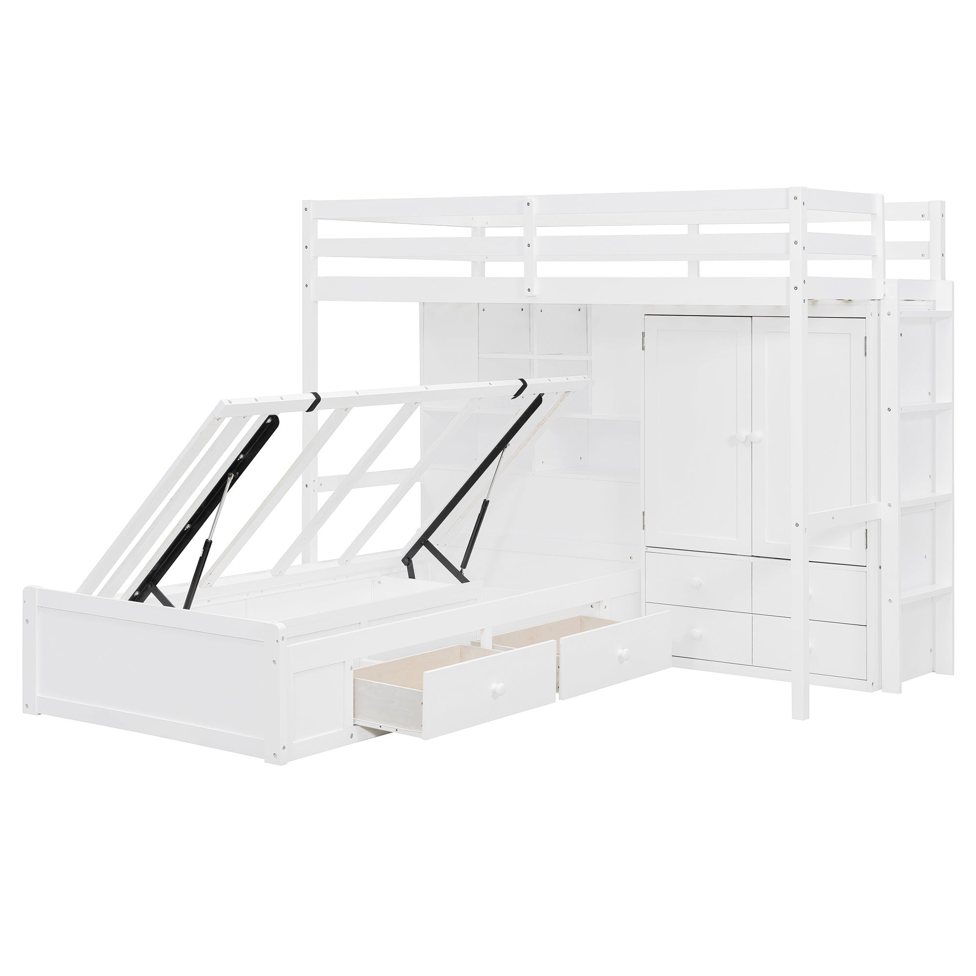 Bellemave® Twin Bunk Bed with Drawers, Wood Twin Over Twin Bunk Bed with Wardrobe, Storage Shelves & Hydraulic Bed - Bellemave