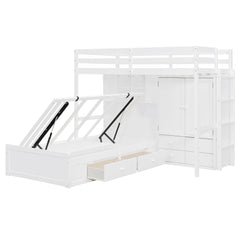 Bellemave® Twin Bunk Bed with Drawers, Wood Twin Over Twin Bunk Bed with Wardrobe, Storage Shelves & Hydraulic Bed - Bellemave