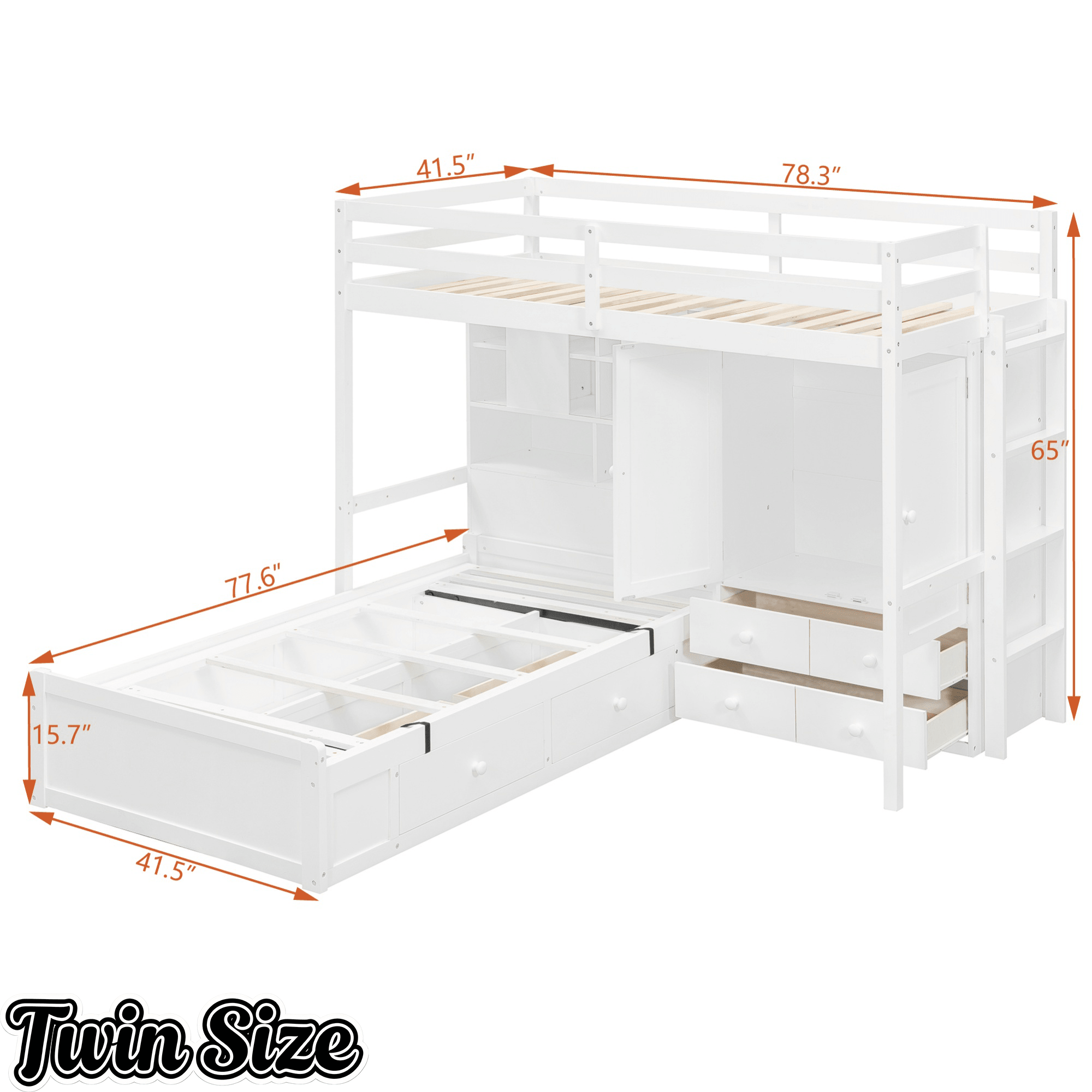 Bellemave® Twin Bunk Bed with Drawers, Wood Twin Over Twin Bunk Bed with Wardrobe, Storage Shelves & Hydraulic Bed - Bellemave