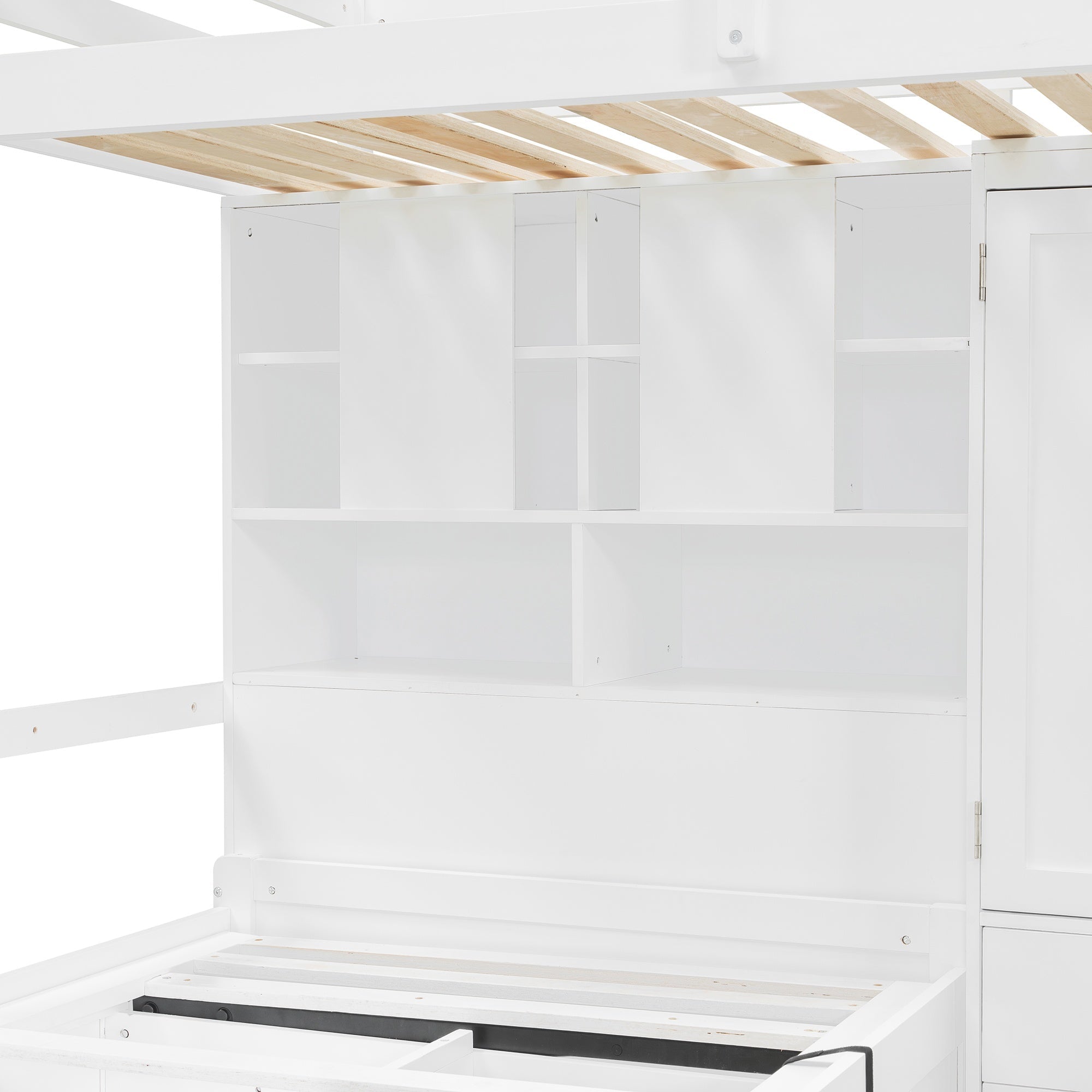 Bellemave® Twin Bunk Bed with Drawers, Wood Twin Over Twin Bunk Bed with Wardrobe, Storage Shelves & Hydraulic Bed - Bellemave