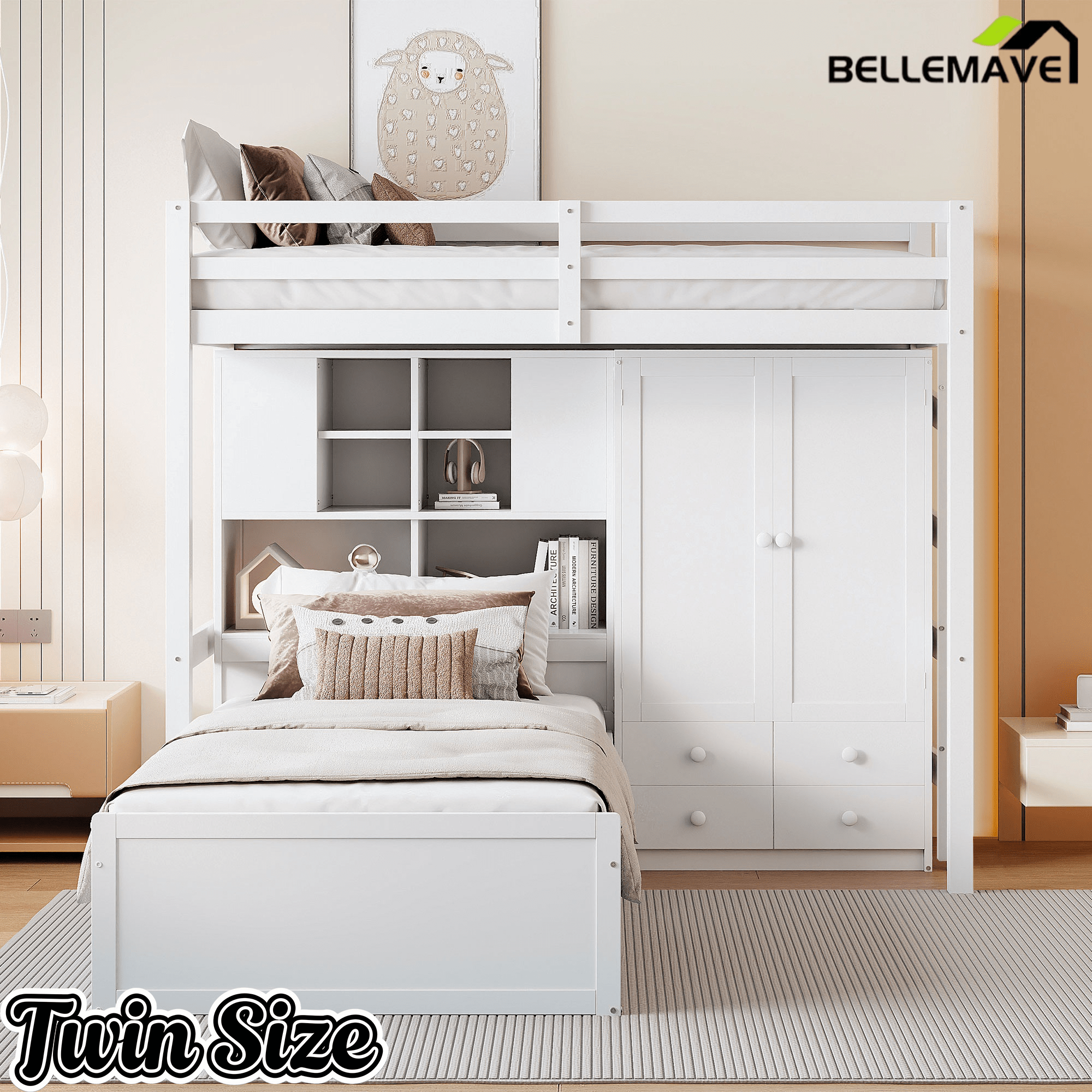 Bellemave® Twin Bunk Bed with Drawers, Wood Twin Over Twin Bunk Bed with Wardrobe, Storage Shelves & Hydraulic Bed - Bellemave
