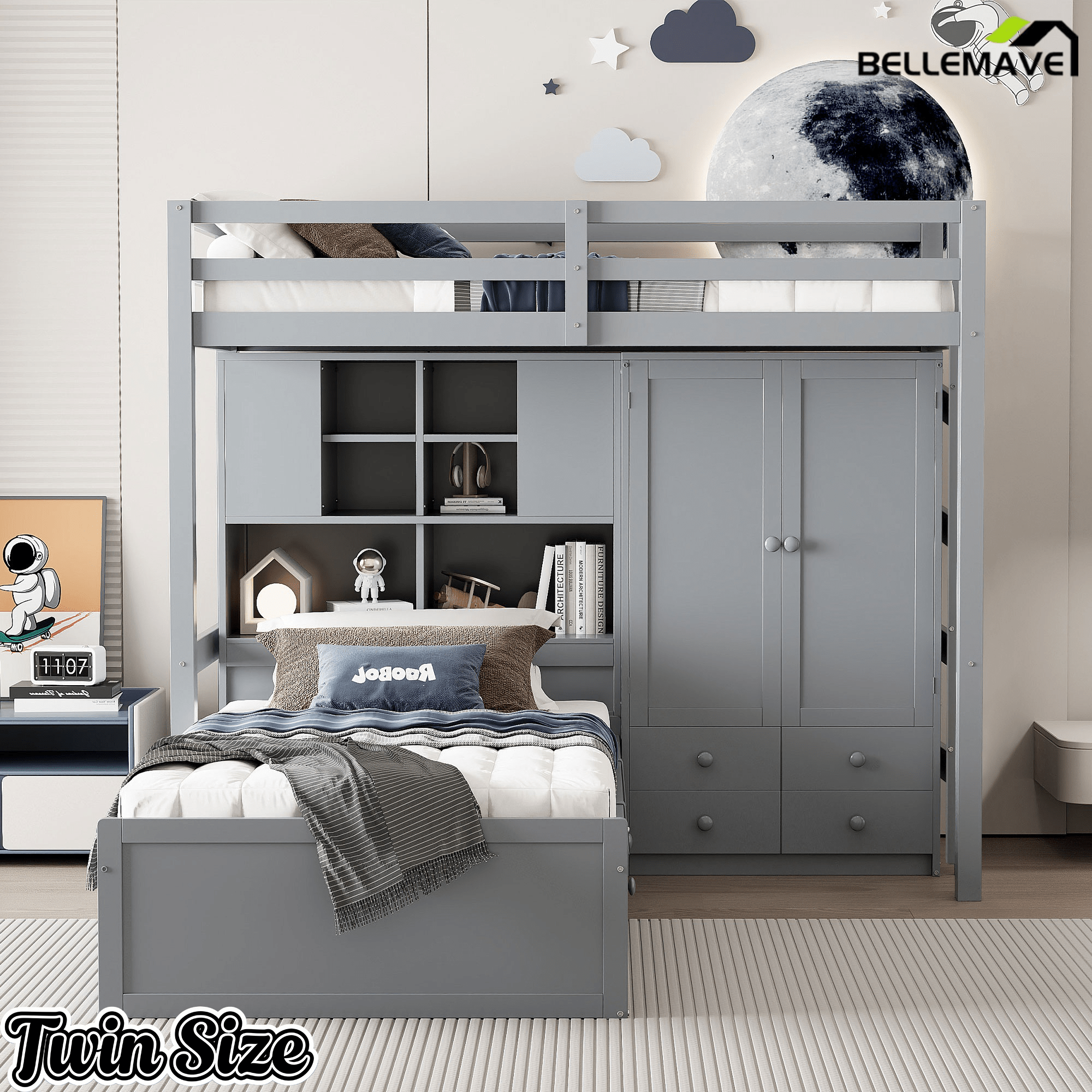 Bellemave® Twin Bunk Bed with Drawers, Wood Twin Over Twin Bunk Bed with Wardrobe, Storage Shelves & Hydraulic Bed - Bellemave