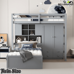 Bellemave® Twin Bunk Bed with Drawers, Wood Twin Over Twin Bunk Bed with Wardrobe, Storage Shelves & Hydraulic Bed - Bellemave