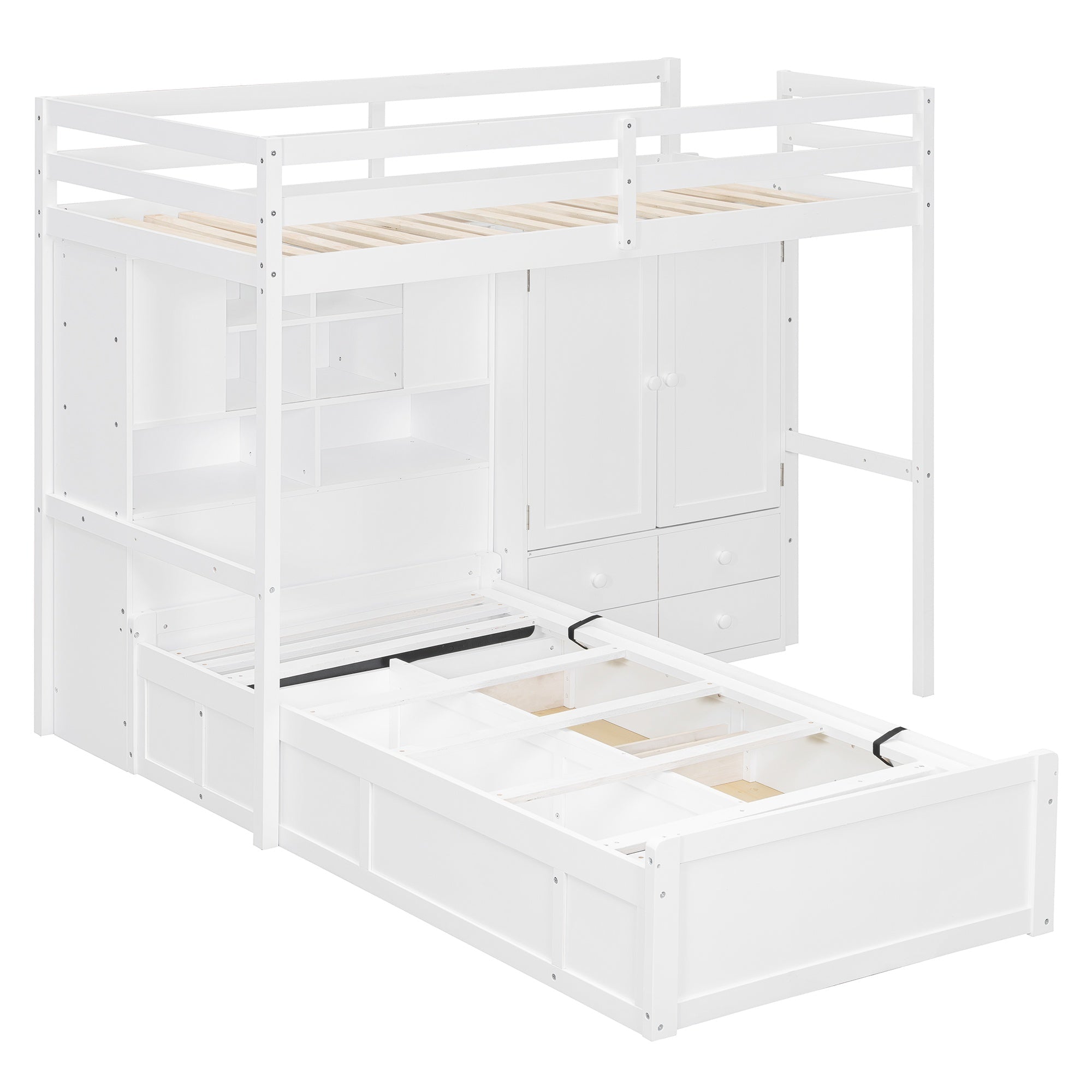 Bellemave® Twin Bunk Bed with Drawers, Wood Twin Over Twin Bunk Bed with Wardrobe, Storage Shelves & Hydraulic Bed - Bellemave