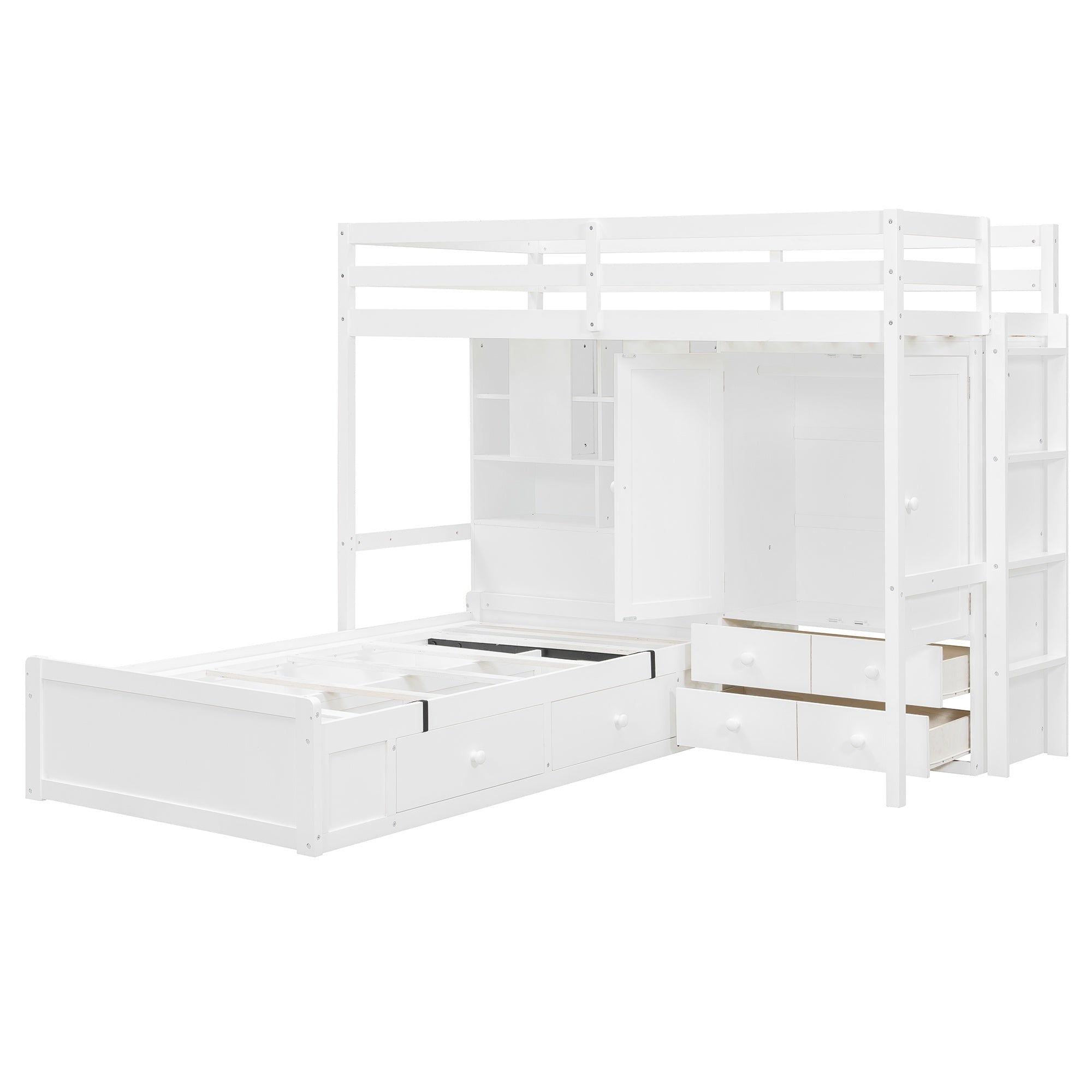 Bellemave® Twin Bunk Bed with Drawers, Wood Twin Over Twin Bunk Bed with Wardrobe, Storage Shelves & Hydraulic Bed - Bellemave