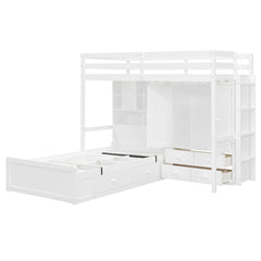 Bellemave® Twin Bunk Bed with Drawers, Wood Twin Over Twin Bunk Bed with Wardrobe, Storage Shelves & Hydraulic Bed - Bellemave