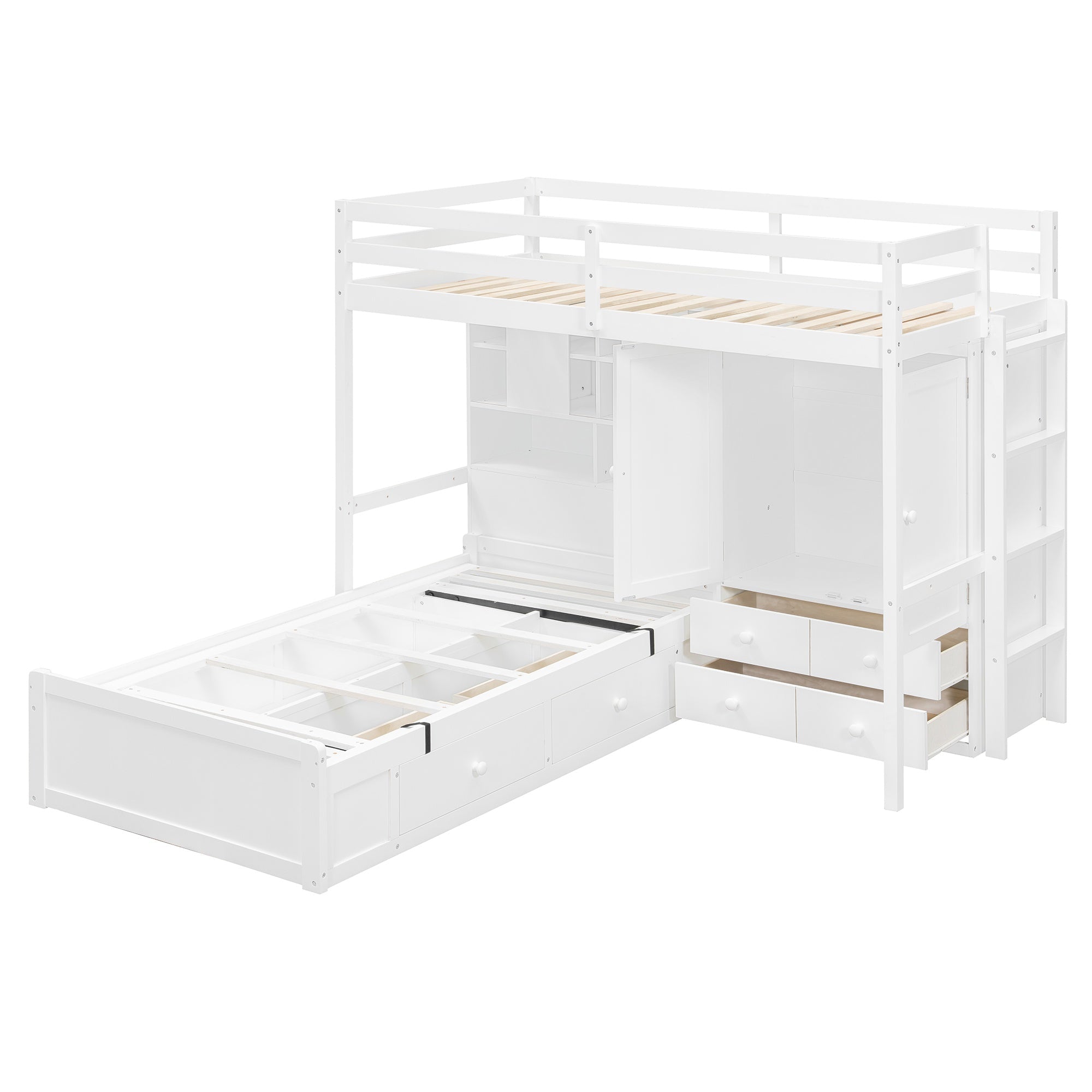 Bellemave® Twin Bunk Bed with Drawers, Wood Twin Over Twin Bunk Bed with Wardrobe, Storage Shelves & Hydraulic Bed - Bellemave