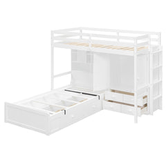 Bellemave® Twin Bunk Bed with Drawers, Wood Twin Over Twin Bunk Bed with Wardrobe, Storage Shelves & Hydraulic Bed - Bellemave