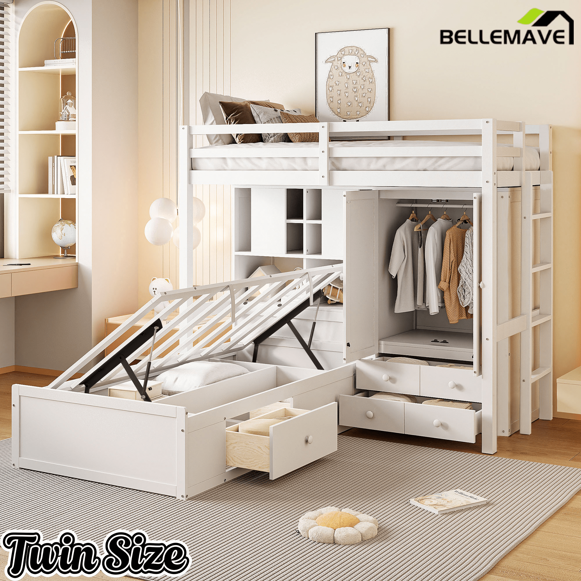 Bellemave® Twin Bunk Bed with Drawers, Wood Twin Over Twin Bunk Bed with Wardrobe, Storage Shelves & Hydraulic Bed - Bellemave