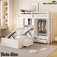 Bellemave® Twin Bunk Bed with Drawers, Wood Twin Over Twin Bunk Bed with Wardrobe, Storage Shelves & Hydraulic Bed - Bellemave