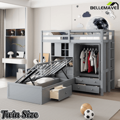 Bellemave® Twin Bunk Bed with Drawers, Wood Twin Over Twin Bunk Bed with Wardrobe, Storage Shelves & Hydraulic Bed - Bellemave