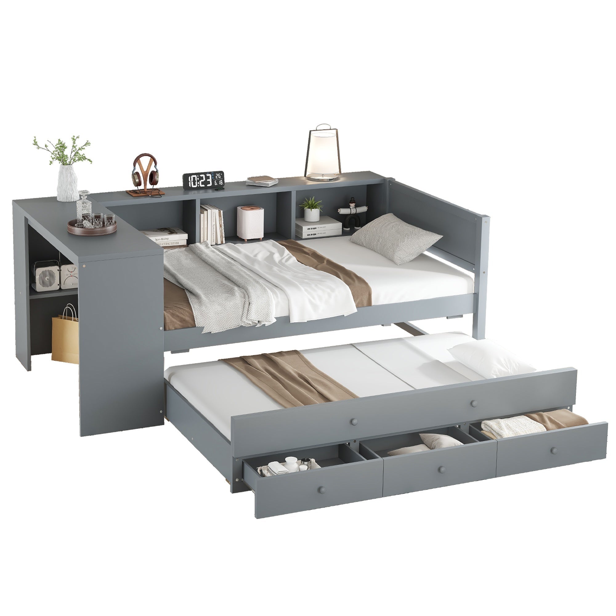 Bellemave® Twin Corner Bed Frame with Storage Shelves and Desk, Captain Bed, Wood Twin Size Daybed with Bookcase and Trundle and 3 Drawers, Gray - Bellemave