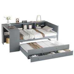 Bellemave® Twin Corner Bed Frame with Storage Shelves and Desk, Captain Bed, Wood Twin Size Daybed with Bookcase and Trundle and 3 Drawers, Gray - Bellemave