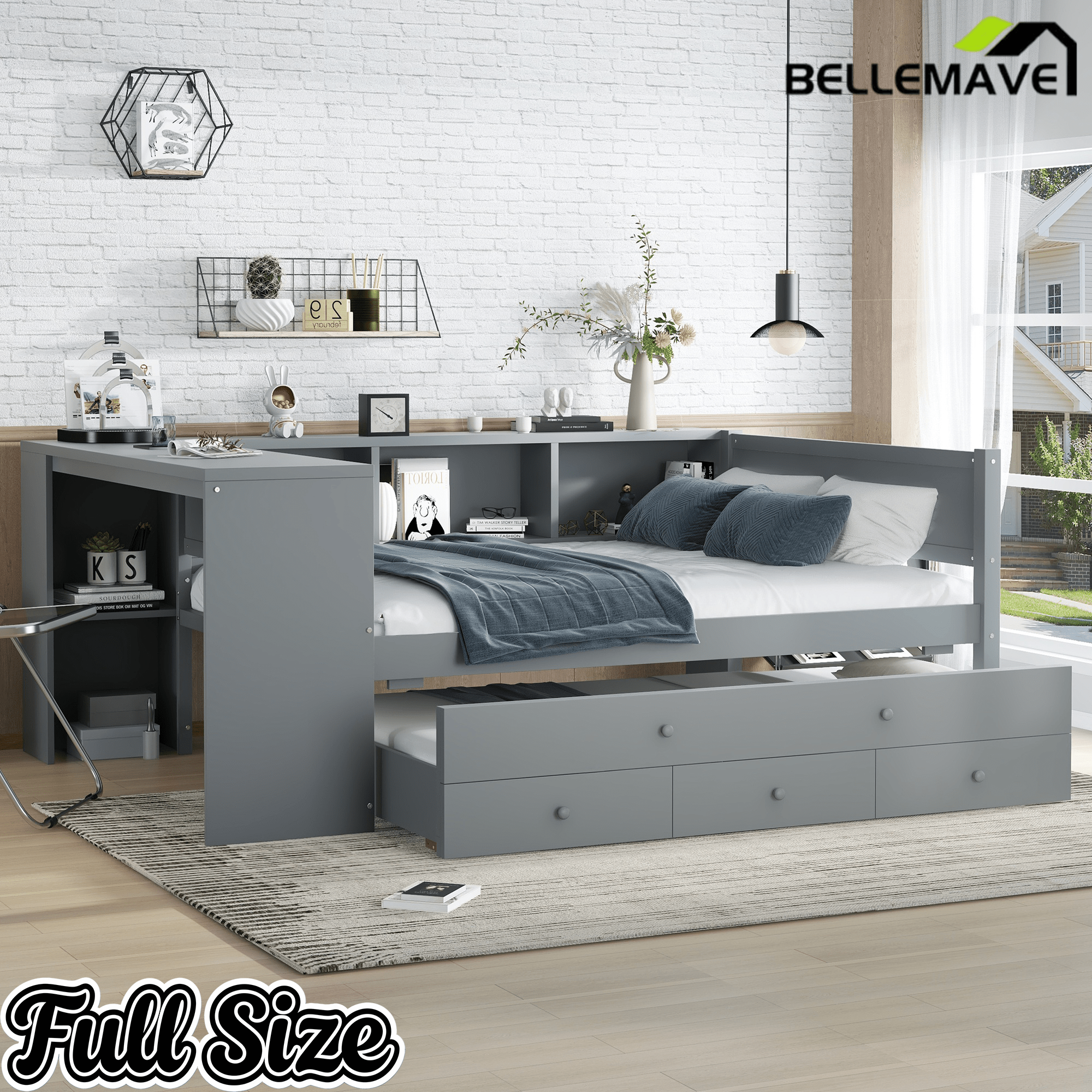Bellemave® Twin Corner Bed Frame with Storage Shelves and Desk, Captain Bed, Wood Twin Size Daybed with Bookcase and Trundle and 3 Drawers, Gray - Bellemave