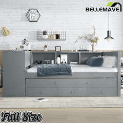 Bellemave® Twin Corner Bed Frame with Storage Shelves and Desk, Captain Bed, Wood Twin Size Daybed with Bookcase and Trundle and 3 Drawers, Gray - Bellemave