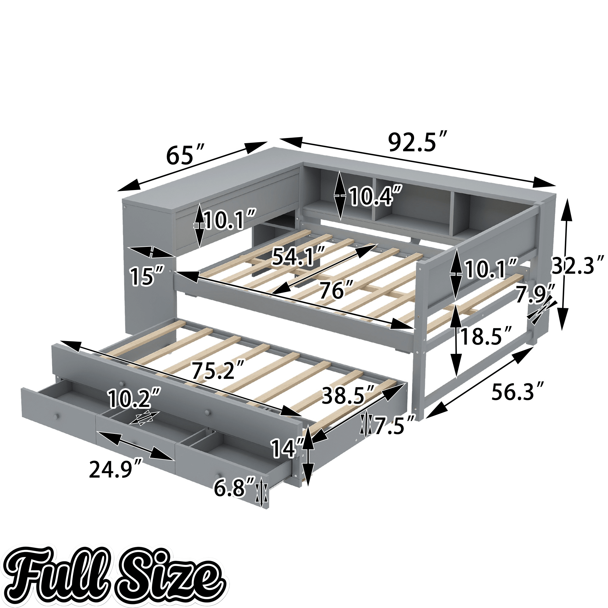Bellemave® Twin Corner Bed Frame with Storage Shelves and Desk, Captain Bed, Wood Twin Size Daybed with Bookcase and Trundle and 3 Drawers, Gray - Bellemave
