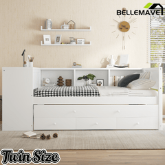 Bellemave® Twin Corner Bed Frame with Storage Shelves and Desk, Captain Bed, Wood Twin Size Daybed with Bookcase and Trundle and 3 Drawers, Gray - Bellemave