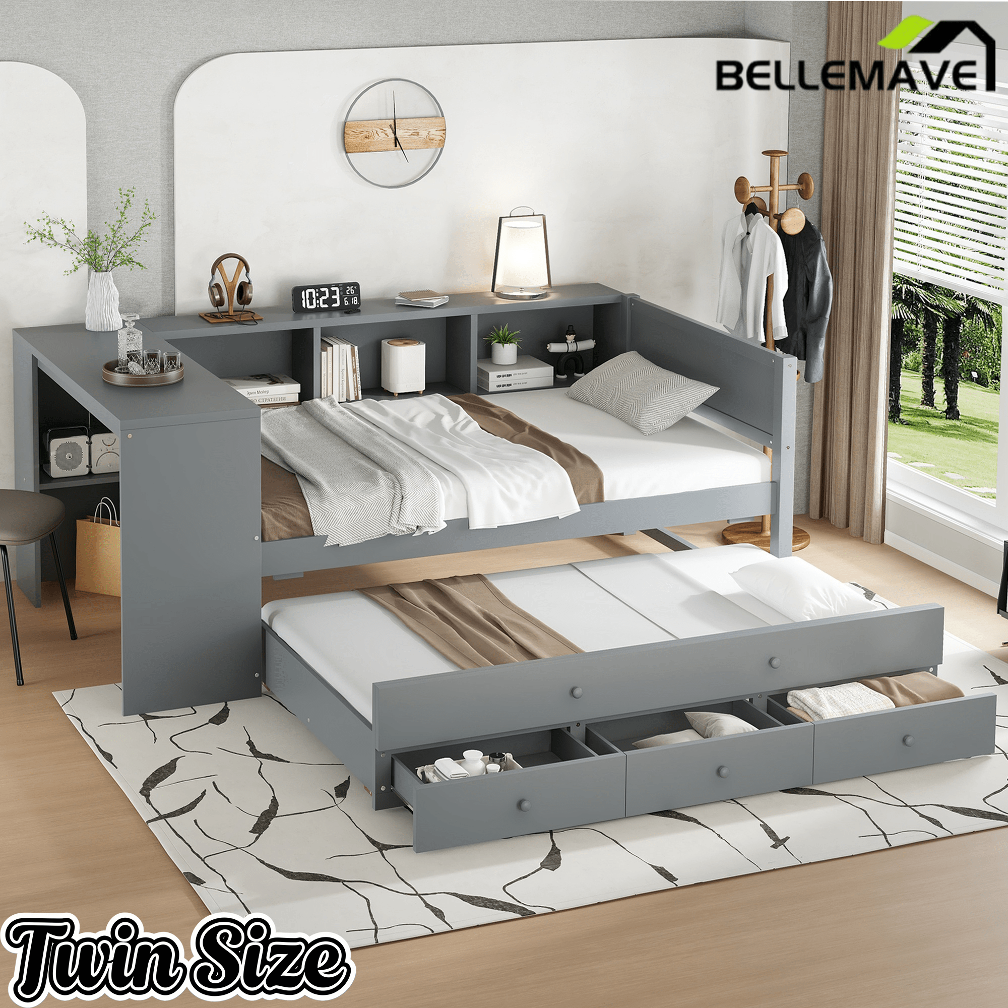 Bellemave® Twin Corner Bed Frame with Storage Shelves and Desk, Captain Bed, Wood Twin Size Daybed with Bookcase and Trundle and 3 Drawers, Gray - Bellemave