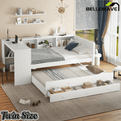Bellemave® Twin Corner Bed Frame with Storage Shelves and Desk, Captain Bed, Wood Twin Size Daybed with Bookcase and Trundle and 3 Drawers, Gray - Bellemave