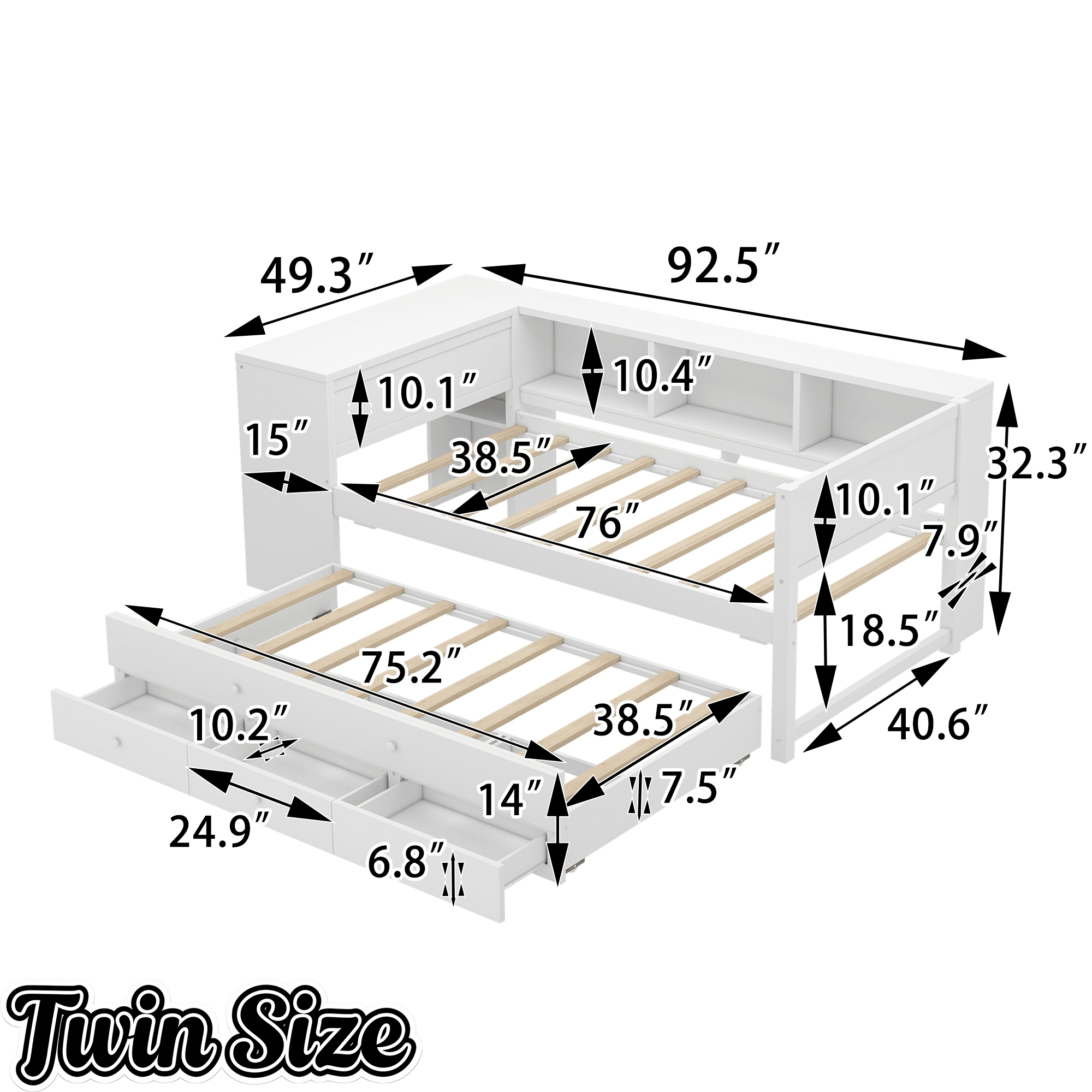 Bellemave® Twin Corner Bed Frame with Storage Shelves and Desk, Captain Bed, Wood Twin Size Daybed with Bookcase and Trundle and 3 Drawers, Gray - Bellemave