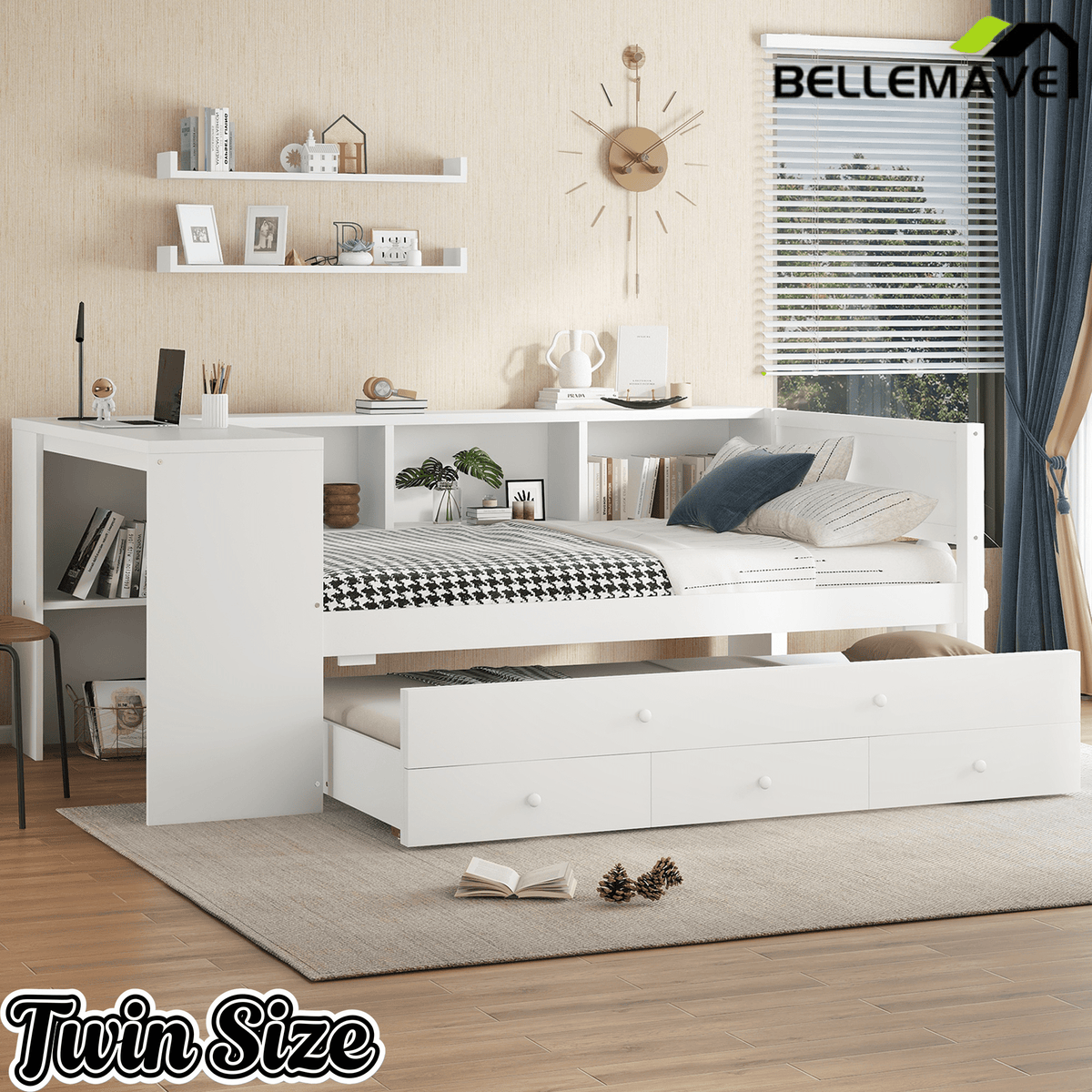 Bellemave® Twin Corner Bed Frame with Storage Shelves and Desk, Captain Bed, Wood Twin Size Daybed with Bookcase and Trundle and 3 Drawers, Gray - Bellemave