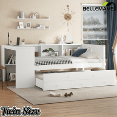 Bellemave® Twin Corner Bed Frame with Storage Shelves and Desk, Captain Bed, Wood Twin Size Daybed with Bookcase and Trundle and 3 Drawers, Gray - Bellemave
