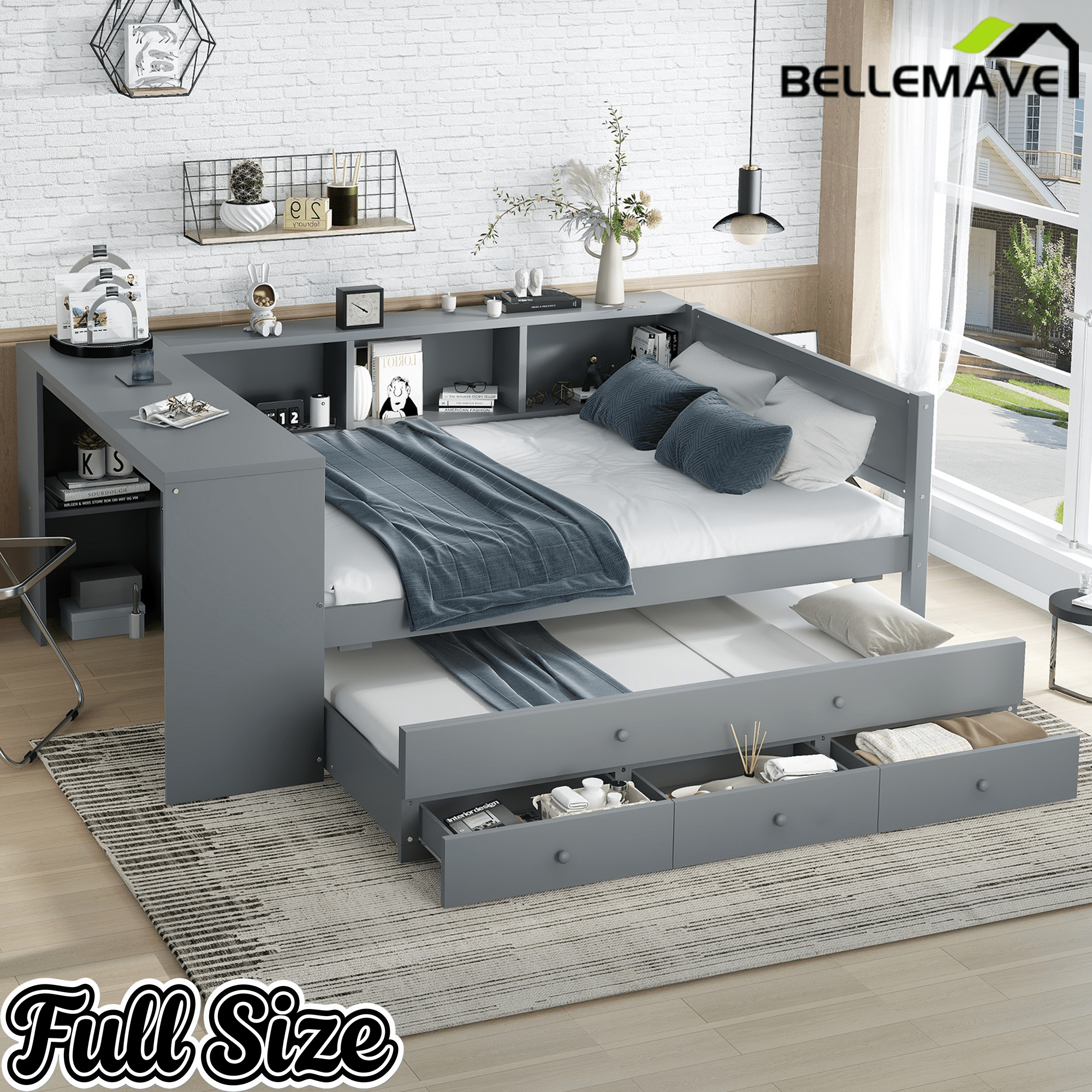 Bellemave® Twin Corner Bed Frame with Storage Shelves and Desk, Captain Bed, Wood Twin Size Daybed with Bookcase and Trundle and 3 Drawers, Gray - Bellemave