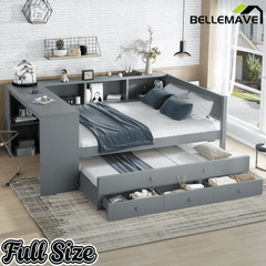 Bellemave® Twin Corner Bed Frame with Storage Shelves and Desk, Captain Bed, Wood Twin Size Daybed with Bookcase and Trundle and 3 Drawers, Gray - Bellemave