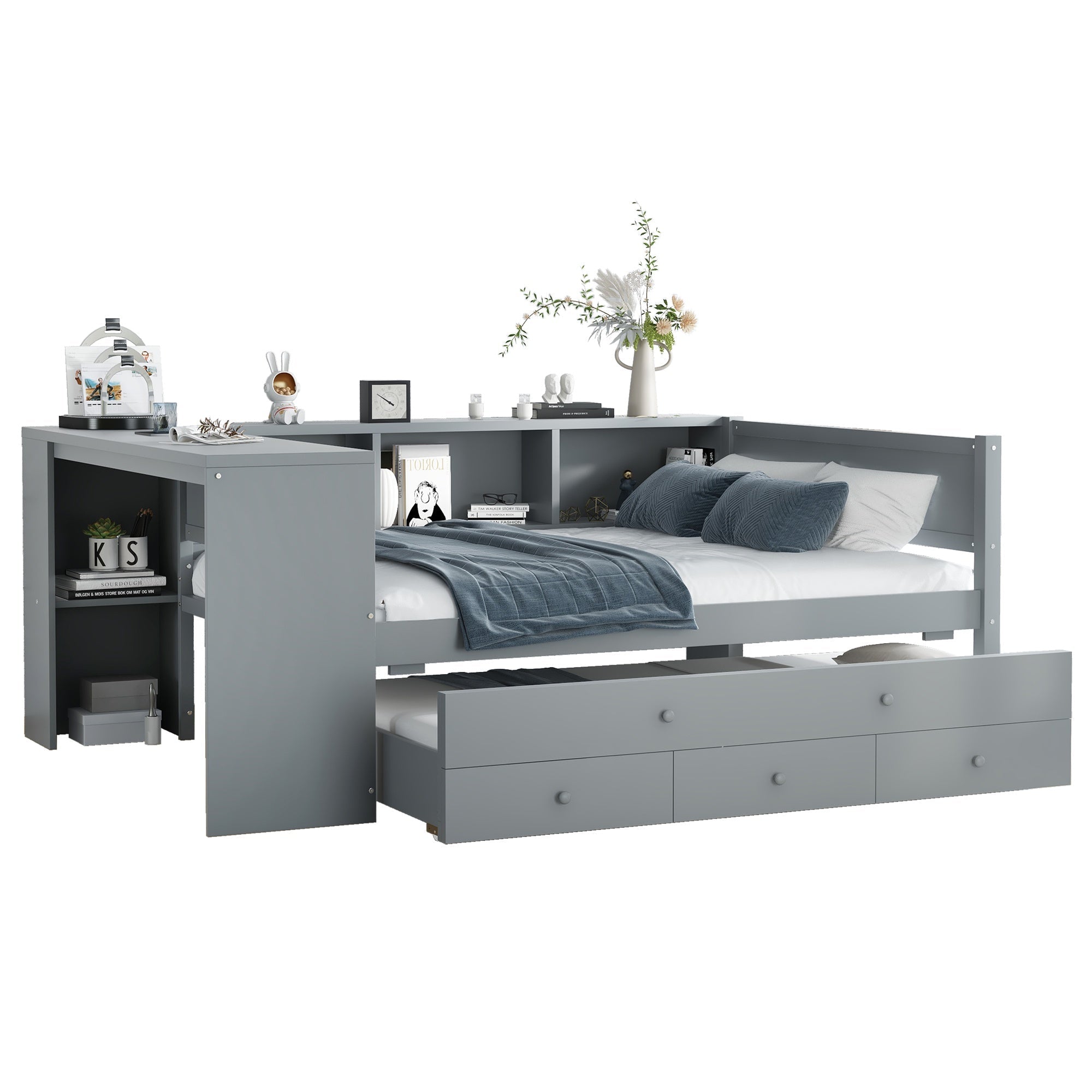 Bellemave® Twin Corner Bed Frame with Storage Shelves and Desk, Captain Bed, Wood Twin Size Daybed with Bookcase and Trundle and 3 Drawers, Gray - Bellemave
