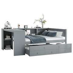 Bellemave® Twin Corner Bed Frame with Storage Shelves and Desk, Captain Bed, Wood Twin Size Daybed with Bookcase and Trundle and 3 Drawers, Gray - Bellemave