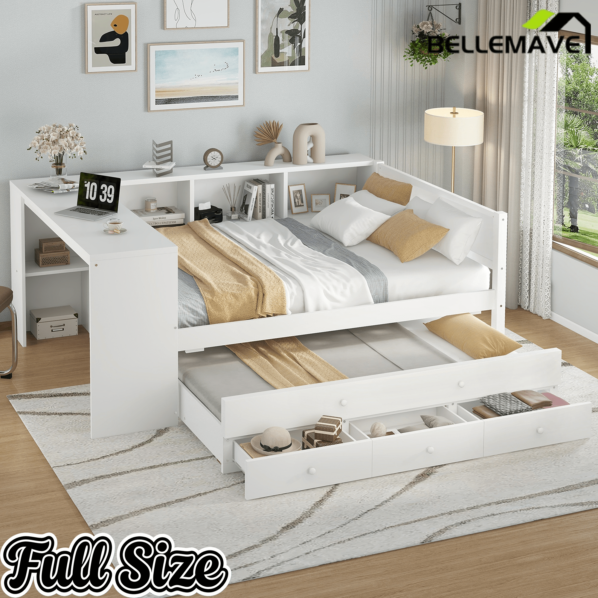 Bellemave® Twin Corner Bed Frame with Storage Shelves and Desk, Captain Bed, Wood Twin Size Daybed with Bookcase and Trundle and 3 Drawers, Gray - Bellemave