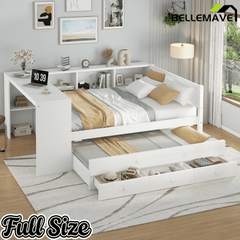 Bellemave® Twin Corner Bed Frame with Storage Shelves and Desk, Captain Bed, Wood Twin Size Daybed with Bookcase and Trundle and 3 Drawers, Gray - Bellemave