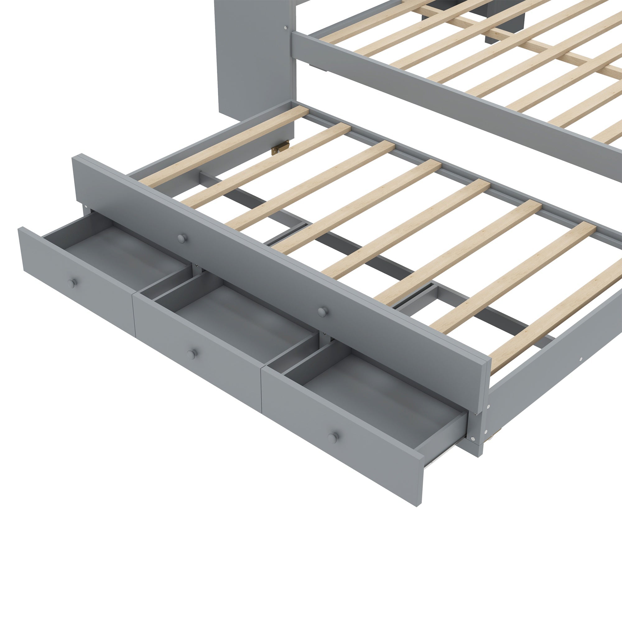 Bellemave® Twin Corner Bed Frame with Storage Shelves and Desk, Captain Bed, Wood Twin Size Daybed with Bookcase and Trundle and 3 Drawers, Gray - Bellemave