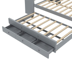 Bellemave® Twin Corner Bed Frame with Storage Shelves and Desk, Captain Bed, Wood Twin Size Daybed with Bookcase and Trundle and 3 Drawers, Gray - Bellemave