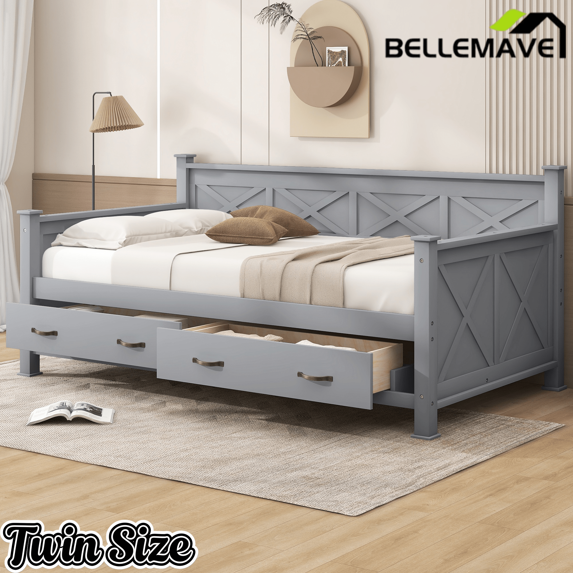 Bellemave® Twin Daybed with Drawers, Wood daybed Frame with Storage,Modern and Rustic Casual Twin Daybed - Bellemave