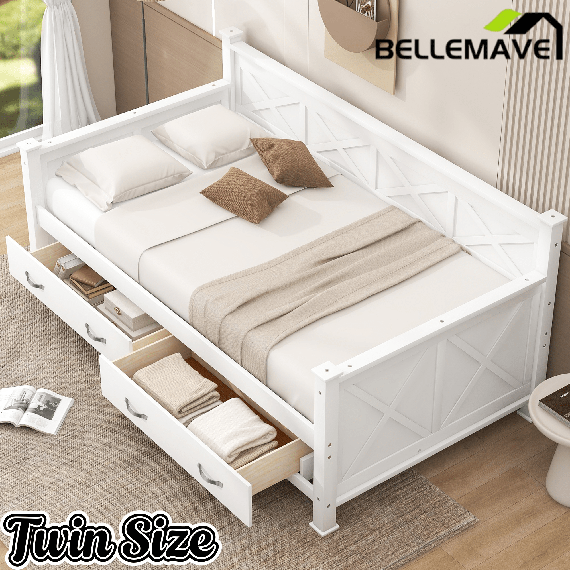 Bellemave® Twin Daybed with Drawers, Wood daybed Frame with Storage,Modern and Rustic Casual Twin Daybed - Bellemave