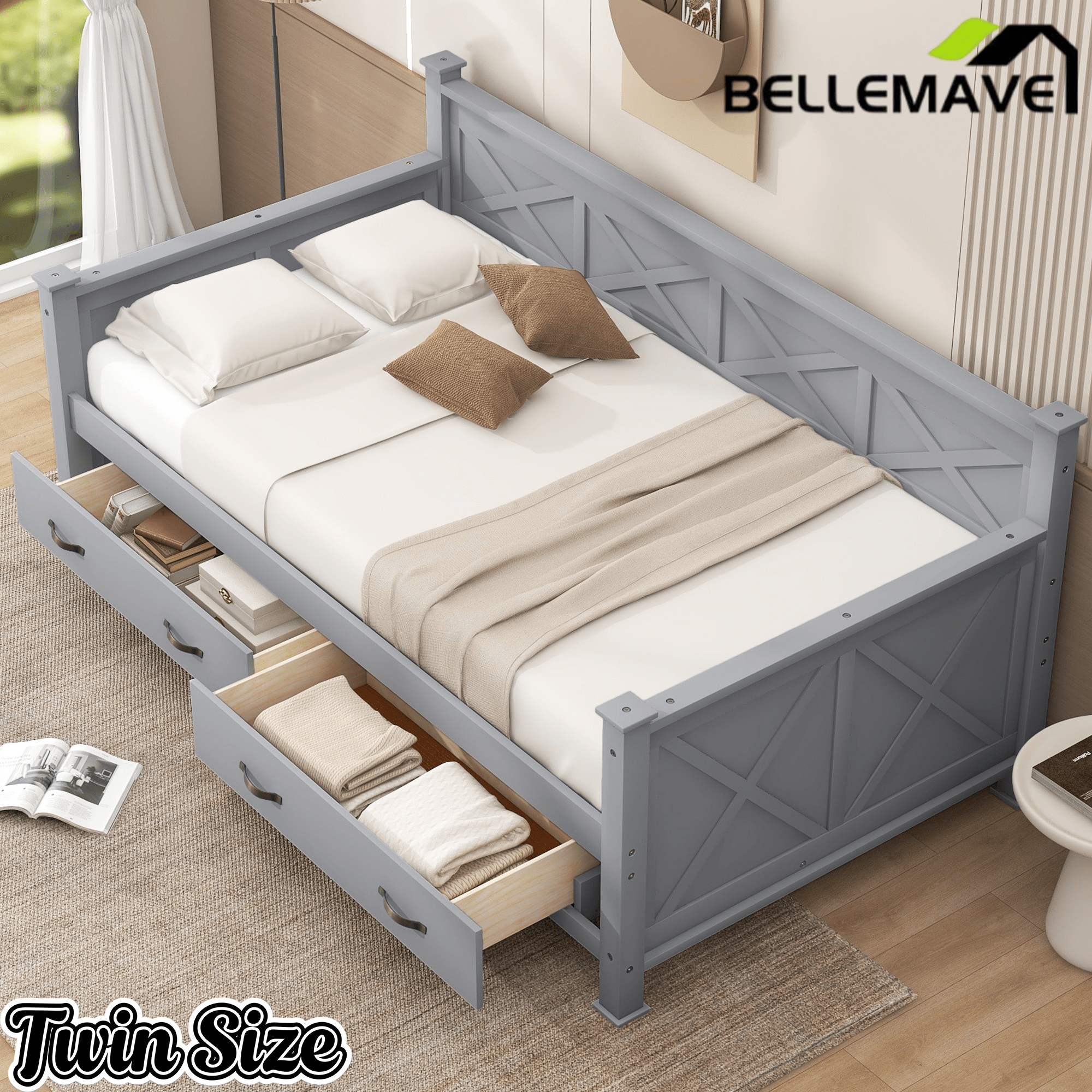 Bellemave® Twin Daybed with Drawers, Wood daybed Frame with Storage,Modern and Rustic Casual Twin Daybed - Bellemave