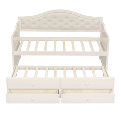 Bellemave® Twin Daybed with Trundle & 2 Storage Drawers | Button Tufted Upholstered Backrest - Bellemave