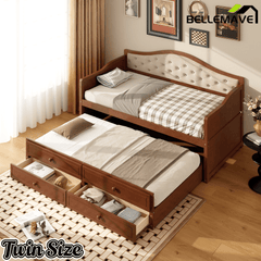 Bellemave® Twin Daybed with Trundle & 2 Storage Drawers | Button Tufted Upholstered Backrest - Bellemave