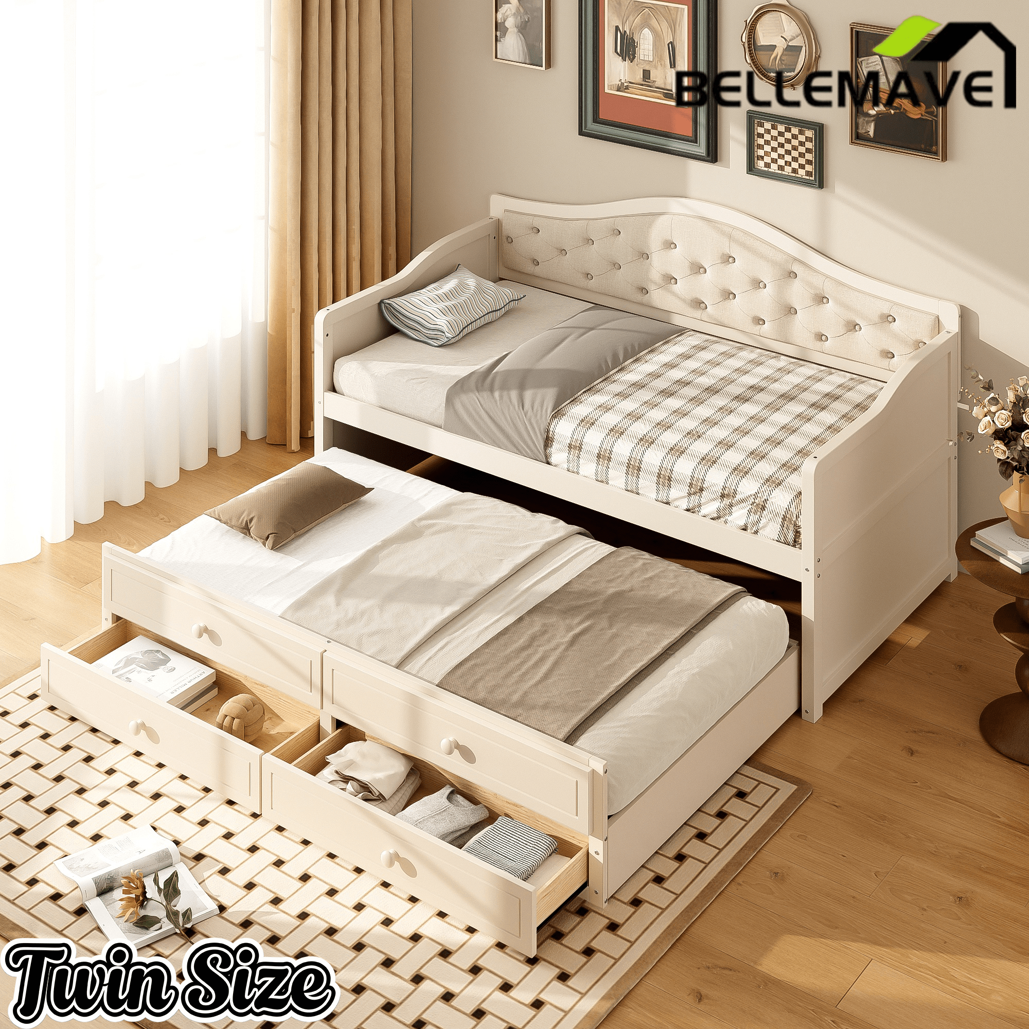 Bellemave® Twin Daybed with Trundle & 2 Storage Drawers | Button Tufted Upholstered Backrest - Bellemave